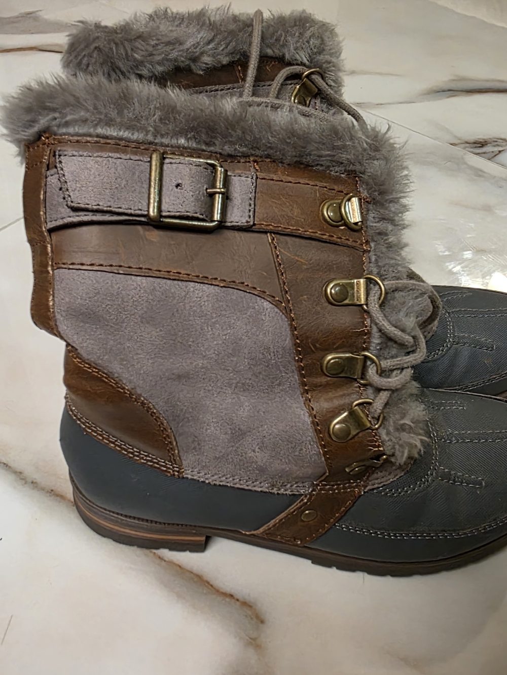 Rock & Candy Gray and Brown Faux-Fur Lace-Up Winter Boots